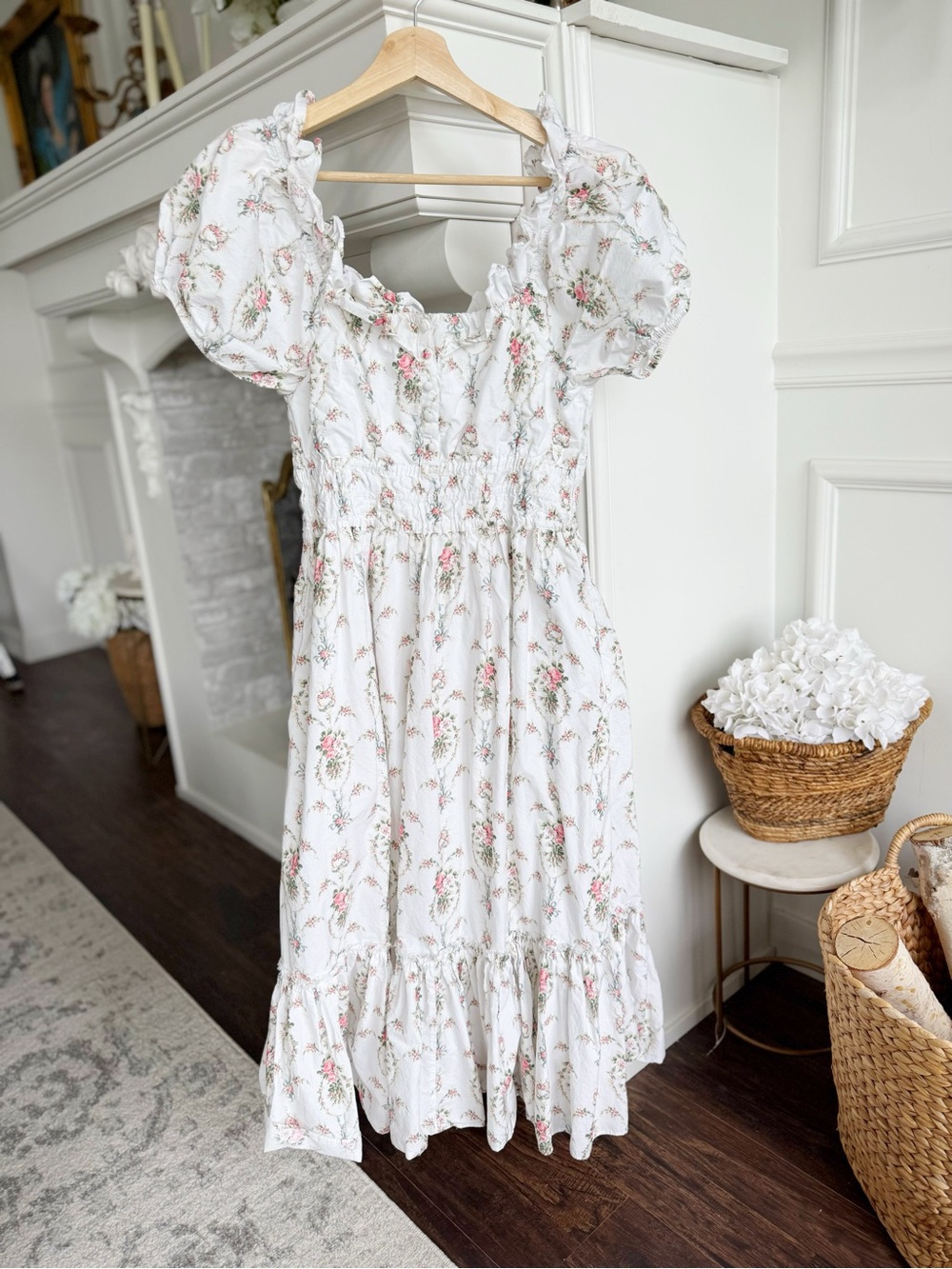 LoveShackFancy Terrence white & pink Floral smocked dress with Pink Roses